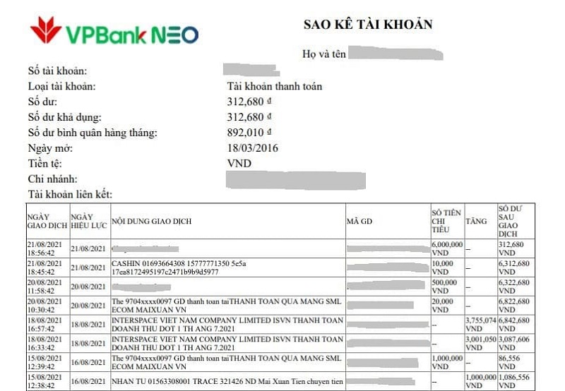 Vay vốn theo sao kê ngân hàng VP Bank